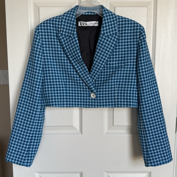 Zara Blogger Favorite Cropped Blue Plaid Blazer Women’s Size Medium - Picture 4 of 12